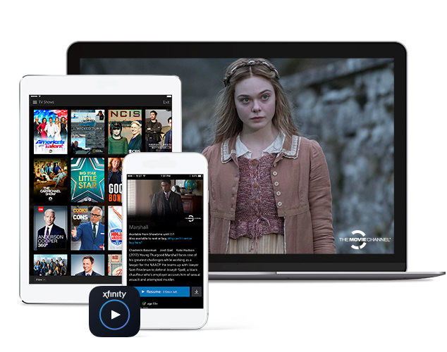 laptop, tablet, and phone showing various show images